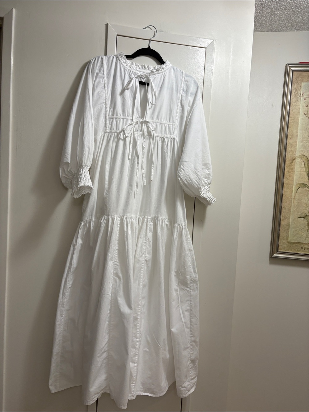 Kinga Csilla. White Long Sleeve Smocked Midi Dress with Tie Detail
